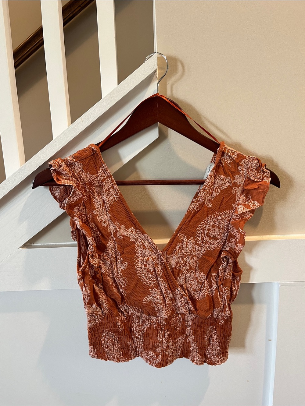 Paper Crane Rust Paisley Crop Top with Ruffle Shoulders